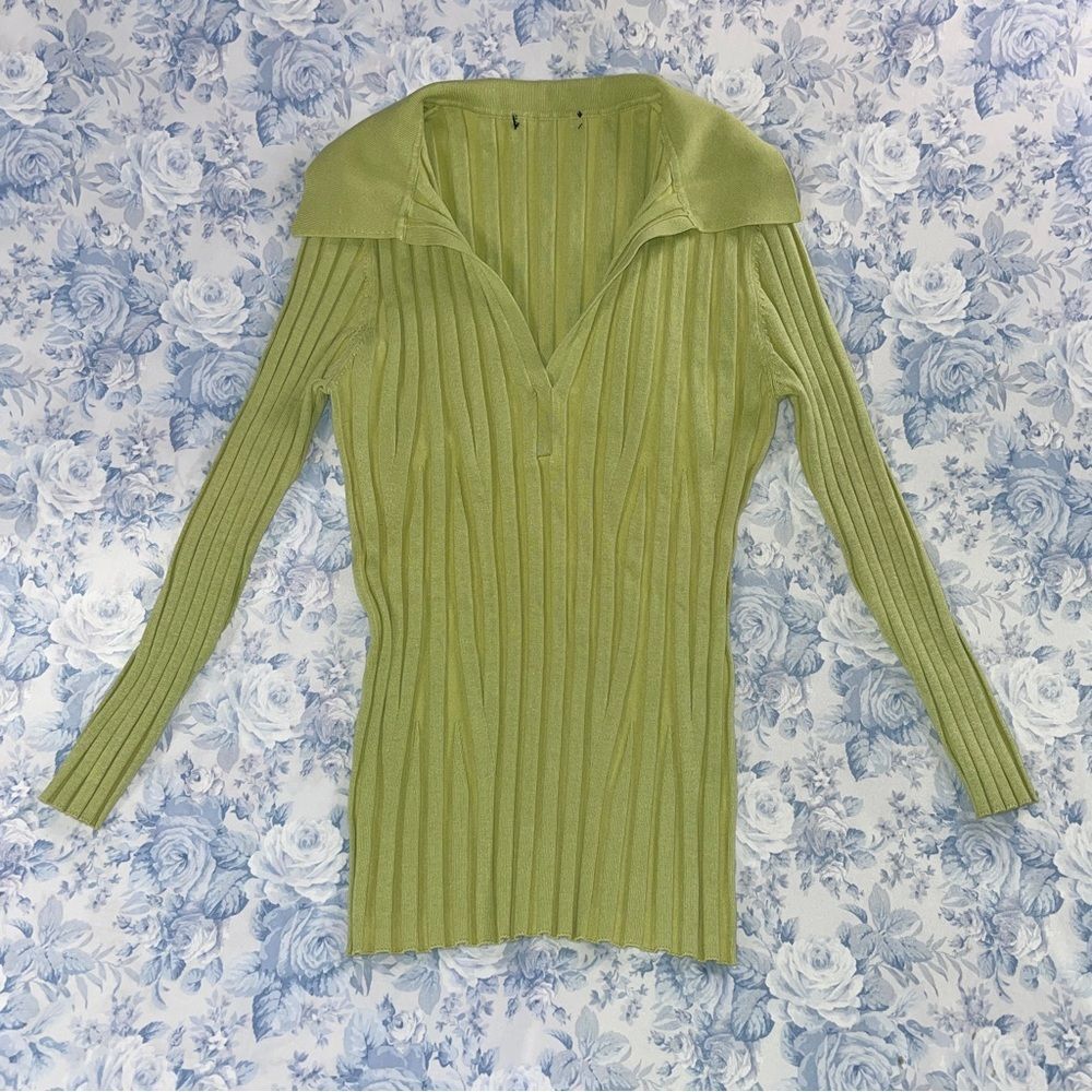 Y2K Ribbed 3/4 Sleeve Collared Top Alt Skater Cyber Grunge Retro Artsy Baddie